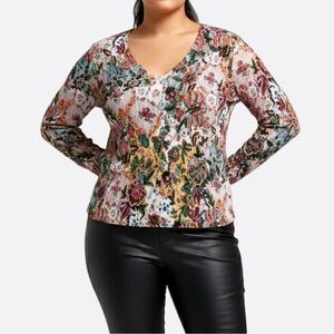 Alberto Makali Floral Sequin Crinkle Blouse Artistic Boho V-Neck Top Plus 1X